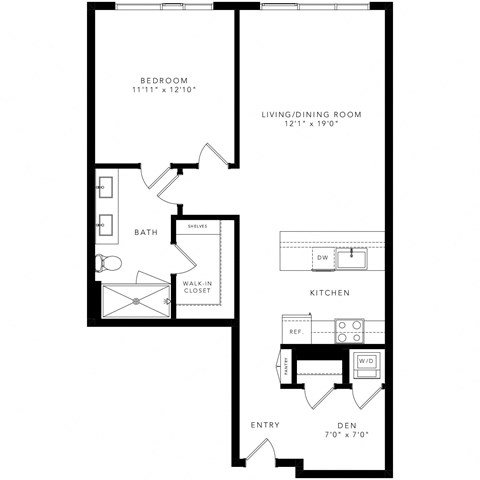 floor plan with 1 bedroom, 1 bathroom, kitchen, and living/dining room